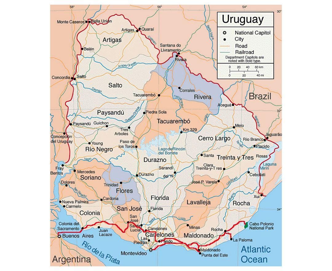 Karte von Uruguay mit citie